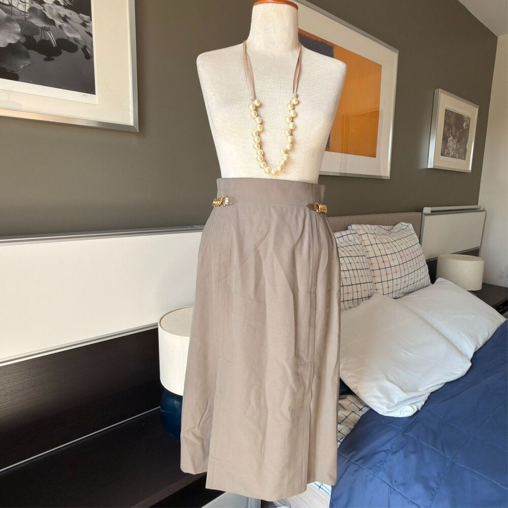# Celine Double Front Slit Pencil Skirt Dark Beige Side Chain 100% Wool France S